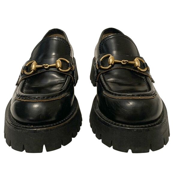 Gucci Black Leather Lug Sole Horsebit Loafers EU 36 Gold Horsebit Bee Embroidery - Picture 3 of 13